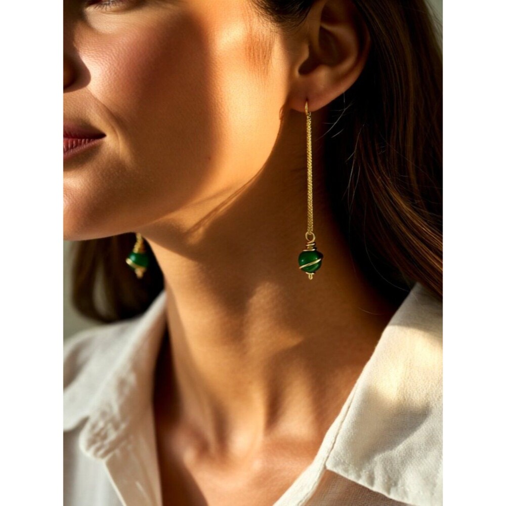 Dainty Green Jasper + Chain Dangle Earrings! ForestCore Fall Boho Festival Vibes